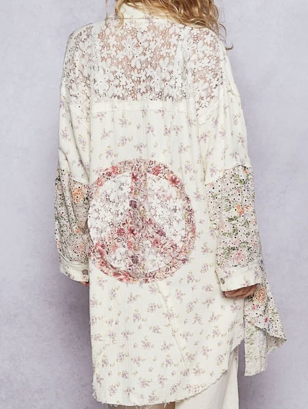 POL Floral Patchwork Double Peace Sign NEW Size M Boutique Blouse Cream w/lace - Picture 2 of 16